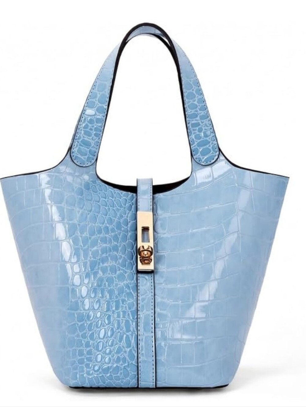1 Left! Croc-Embossed Patent Vegan Leather Bucket Top Handle Tote Handbag